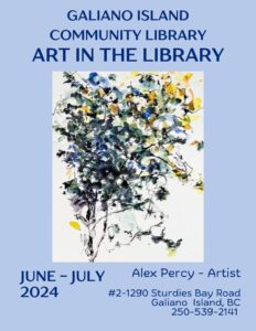 Image shows a sample of artists work as well as repeat information in the event, Galiano library address, and phone number
