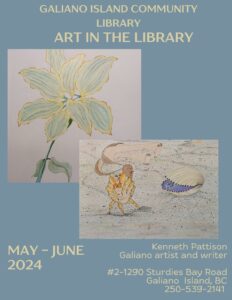 picture shows a sample of some of the art plus information about the hours of the galiano library