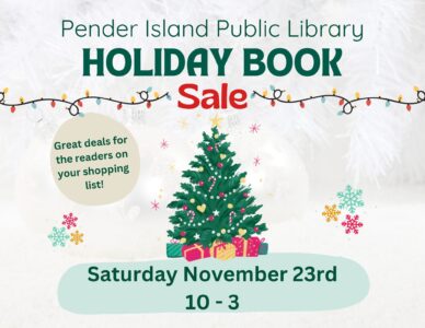 Picture of information about book sale, date and hours. Holiday festive background with christmas tree